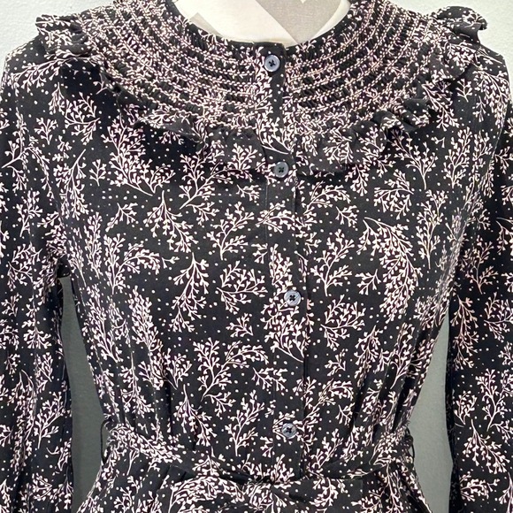 Boden Black Floral Midi Dress Smocked Neckline Button Front Belted Long Sleeve - Picture 8 of 12